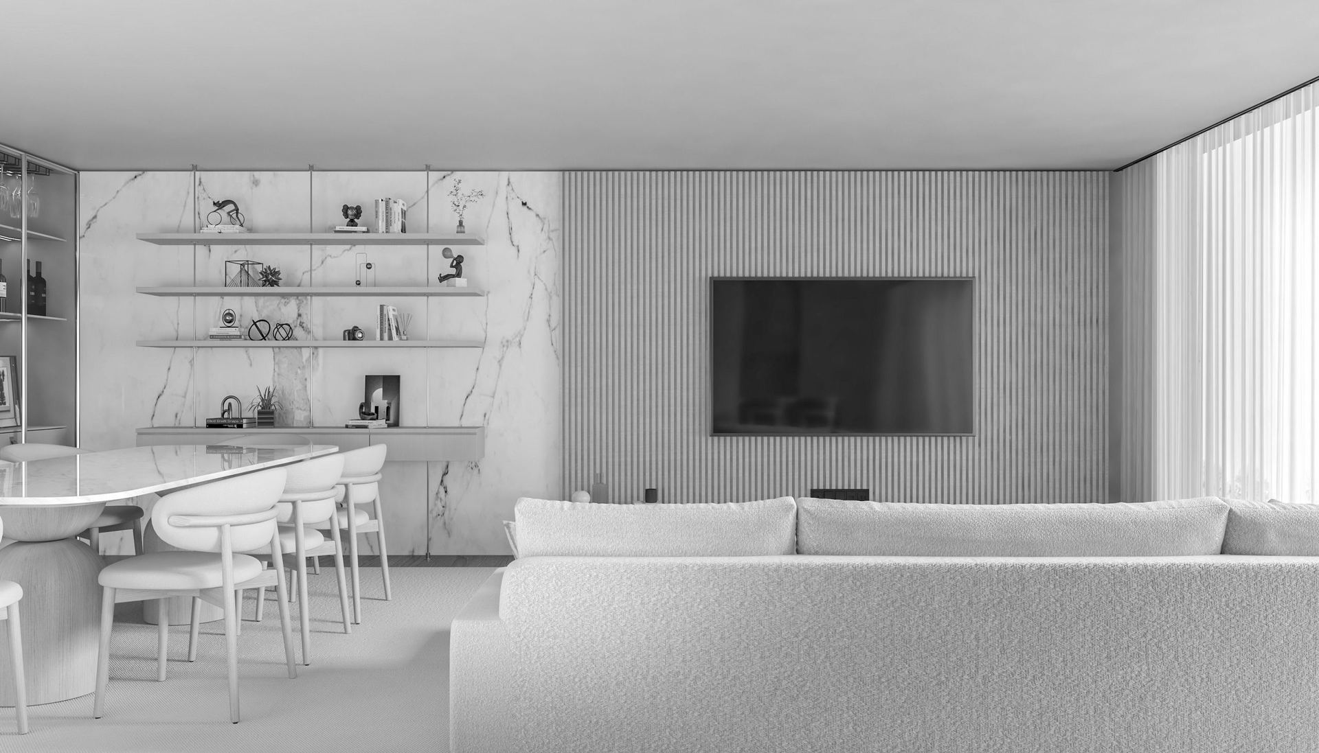 Sala de estar de um imóvel residencial, com marcenaria e mármore