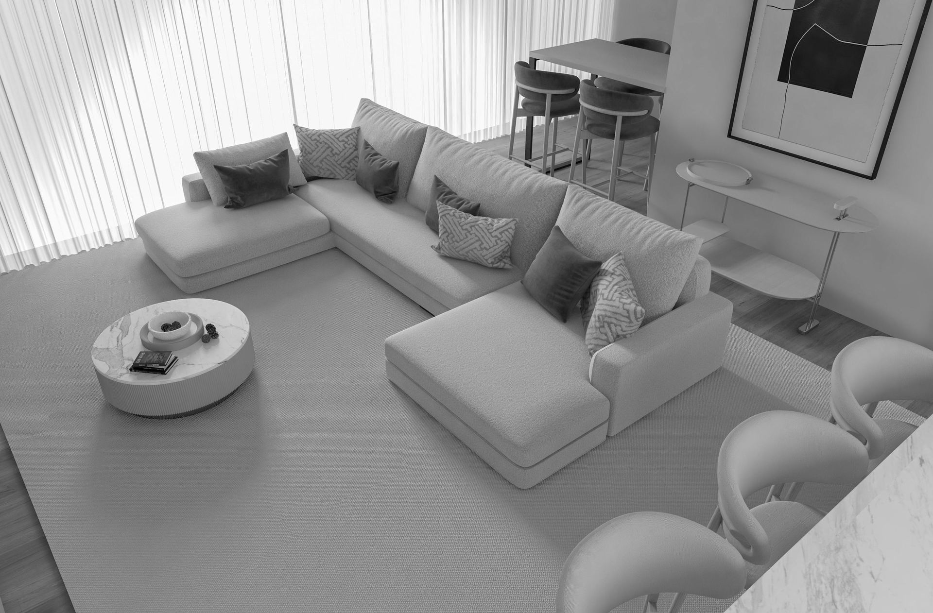 Sala de estar integrada de um imóvel residencial de alto padrão